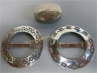 STERLING PILL BOX AND TWO STERLING SCARF BUCKLES