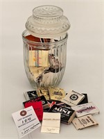 Glass Jar with Collection of Match books and boxes