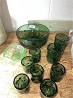 green glass bowl and cups, 1 green Depression