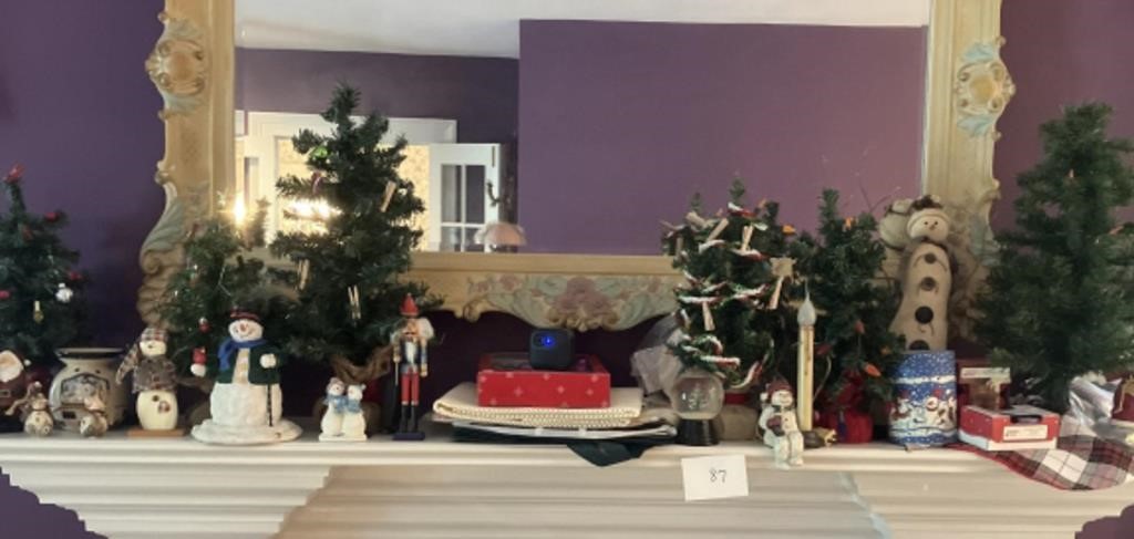 Christmas mantel figures, mini lighted trees