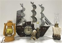 Vintage Oxford ship clock and oil lamps
