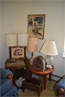 Lot: 4 lamps, 2 tables, radio, etc.; as is