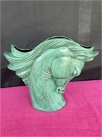 Horse head vase, large green pottery, unusual, 12"