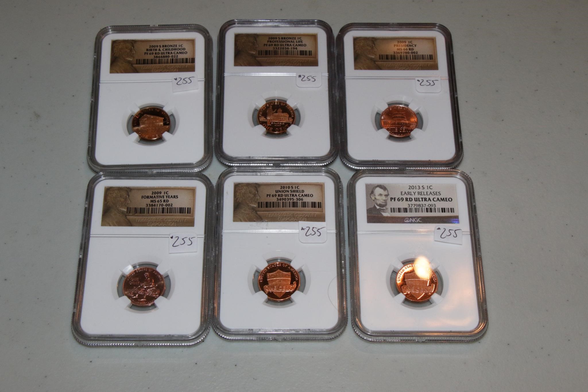 Group of 6 graded pennies