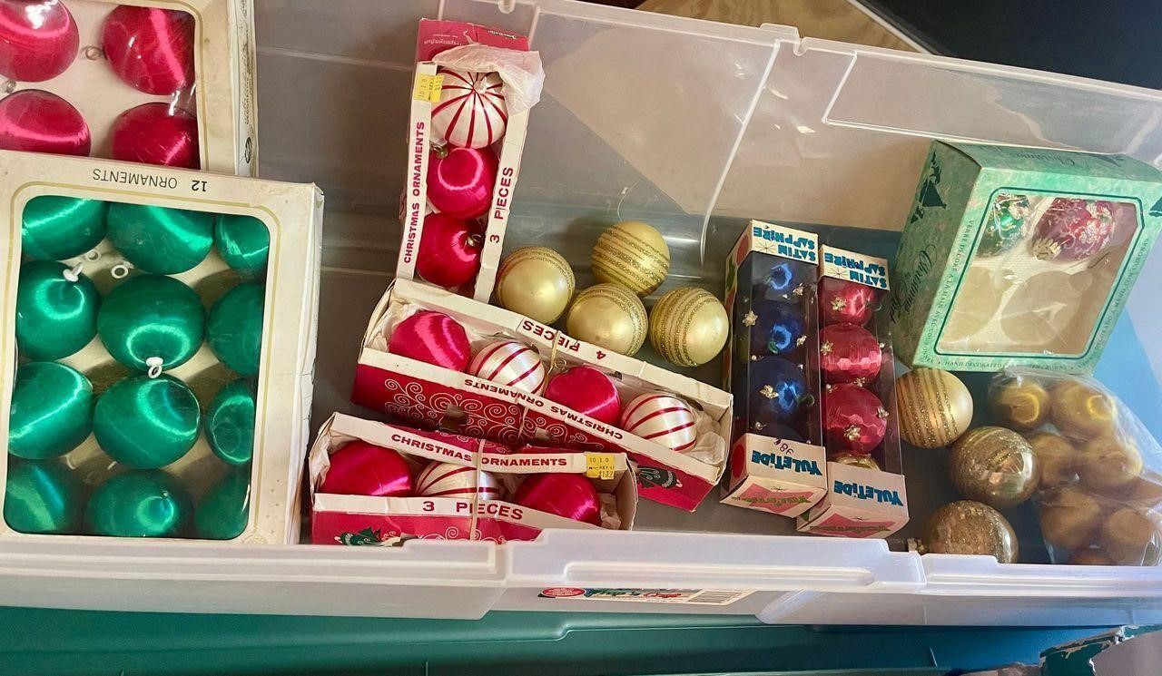 vintage Christmas ornaments and lights etc