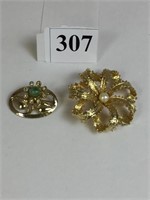 TWO CORO PINS GOLD TONE FLOWER WITH PEARL CENTER