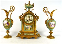 Set of Sevre Bronze & Porcelain Clock & Vases