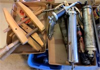 2 Trays of Clamps, Wood Clamps, Grease Guns