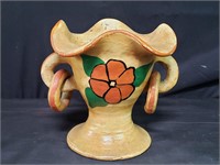 Antique hand painted pottery handled vase w/ hoops
