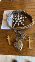 Vintage Speidel bracelet, crosses, pin and locket