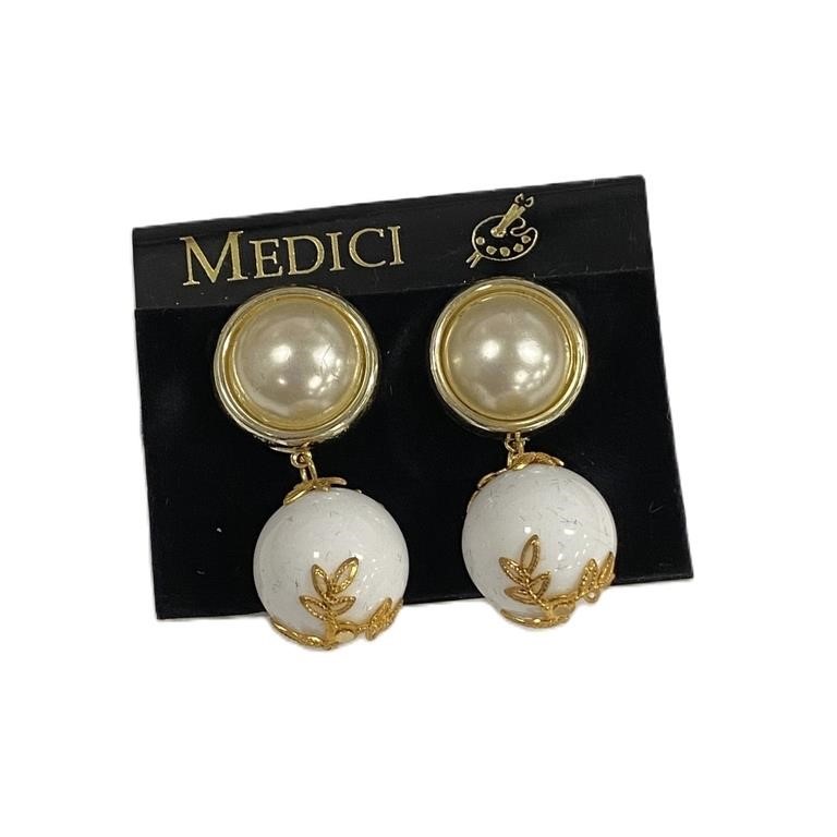 Fashionable Gold-tone And White Dangle Earrings