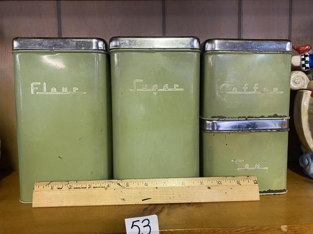 Avocado, green metal mid century canister set