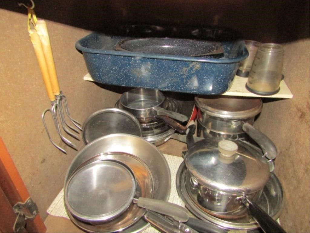 CONTENTS OF CUPBOARD - POTS AND PANS, ROASTER