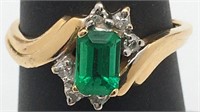 14k Gold Ring, Green Stone & Diamonds