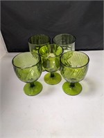 5 Large Green Glass Goblets