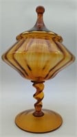 Empoli Italian Amber Art Glass Jar and Cover,