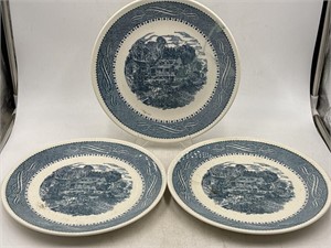 -3 blue Currier and Ives dinner plates