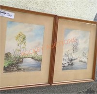 Signed watercolors winter and summer scene