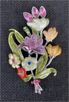 Large Floral Enamel & Rhinestone Brooch - 3-1/4"