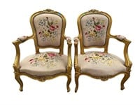 2 FRENCH GOLD NEEDLEPOINT ARM CHAIRS