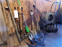 Misc tools, old engine driven fan, trailer hitch