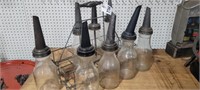 vintage Oil Jars & Carrier 8- 1 quart W/Spouts
