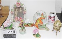 Grouping of Ceramic Flower Statues & Picture Frame