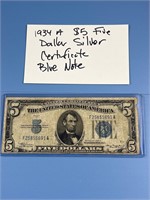 1934 $5 DOLLAR SILVER CERTIFICATE BLUE NOTE US