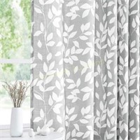 White Grey 95 Leaf Print Curtains - 2 panels