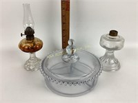 Candlewick candy dish with lid, small oil lamps
