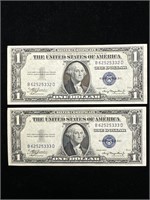 Two Consecutive 1935 A $1 Silver Certificates