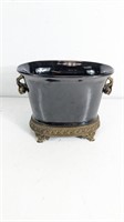 Black Ceramic Cache Pot w/ Brass Accents