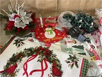 Christmas decor, tablecloths, tray, lights