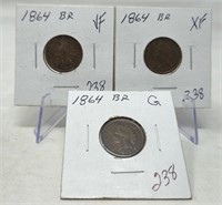 (3) 1864 BR Cents G, VF, XF