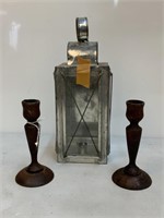 Vtg Metal Lantern & (2) Wooden Candleholders