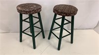 2 Bar Stools Wooden/fabric Green Flower Pattern