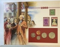 1989S Proof Collectors Panel 5 Coins 3 Stamps