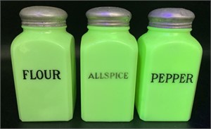 Jadeite Flour, Allspice and Pepper Shakers, 5in