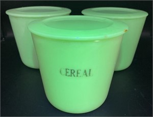 McKee Jadeite Lidded Cereal Canisters, 6x5.5in