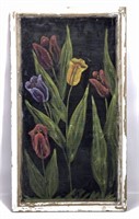 Tramp Art "Tulips" on wire screen, 19.75" x 34.5"