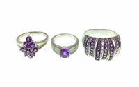 (3) Sterling Silver & Amethyst Rings Sizes (5-10)