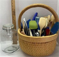 Kitchen lot basket, canister, tongs, spatula lot