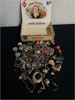 Vintage cigar box with misc jewelry