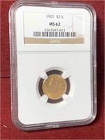 NICE 1907 US $2.50 GOLD LIBERTY PIECE NGC MS62