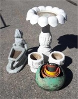 Large Bird Feeder, Farming Boy Figurine, & Pots