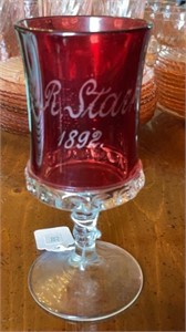 Antique Red Flash Souvenir Glass Etched “J. R.