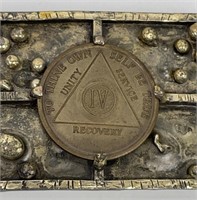 4 YR bronze recovery coin on custom belt buckle