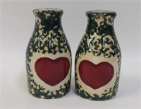 Green Sponged Country Heart Pottery Milk Bottles