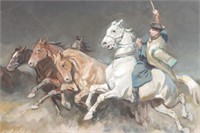 János Viski Oil Painting of Horses & Rider