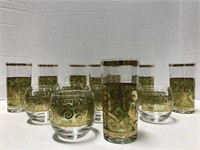 Vintage green & gold embossed cocktail glass set